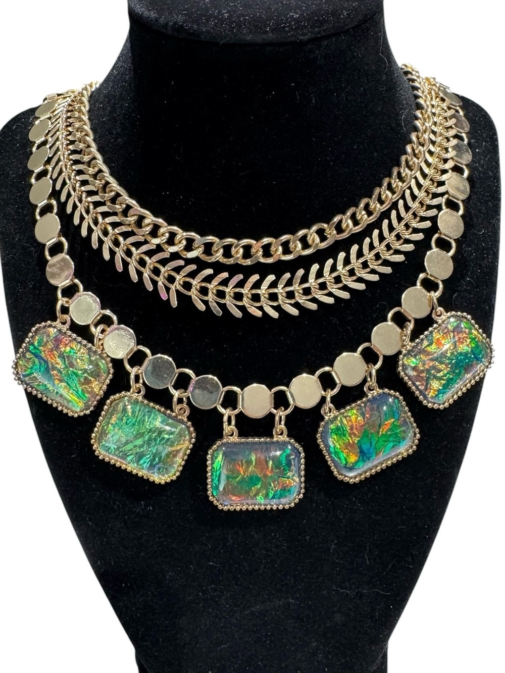 Mika Gold-Tone Layered Necklace with Iridescent Green Stones & Matching Earrings - Picture 6 of 7